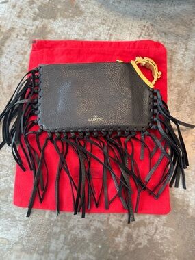 Valentino Garavani Zodiac Fringe Clutch Black Leather with Gold Handle Accent